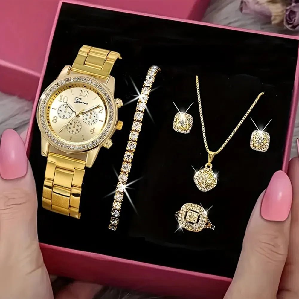 Elegant Luxury Gold Watch Jewelry Set (5PCS)