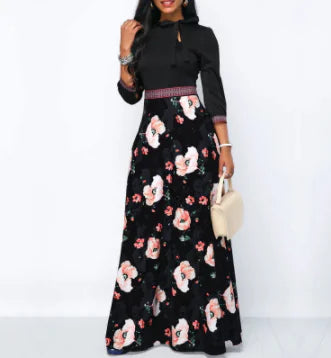 New Women's Long Tie Bow Print Maxi Dress for Fall/Winter