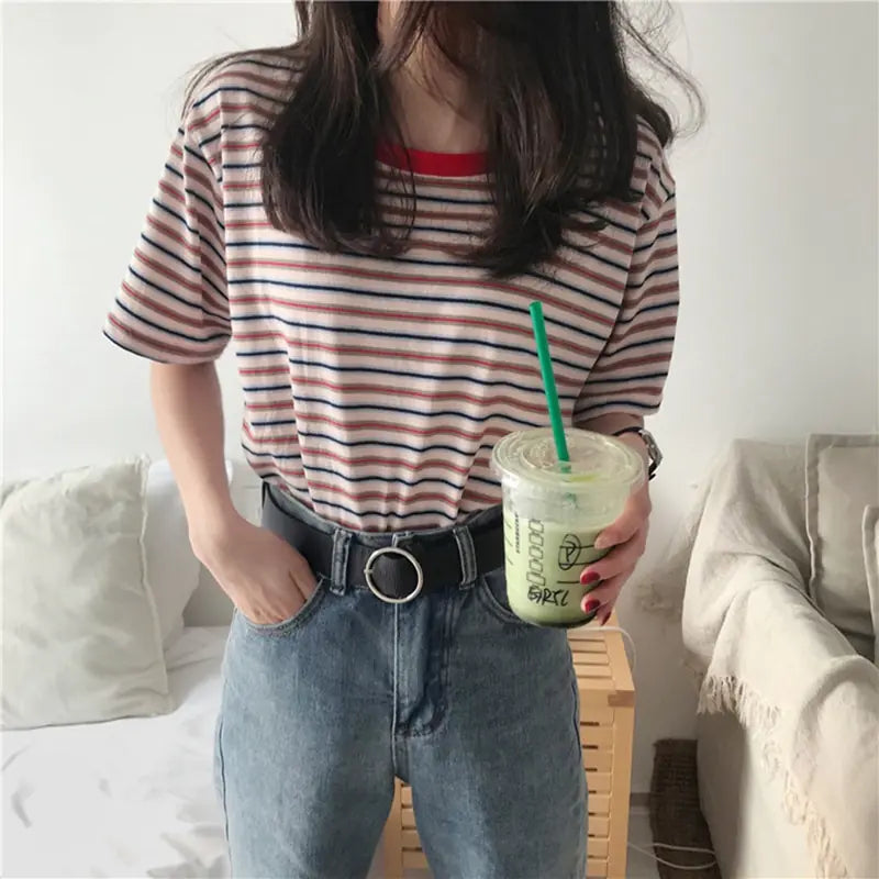 Loose Striped Short Sleeve T-Shirt for Women