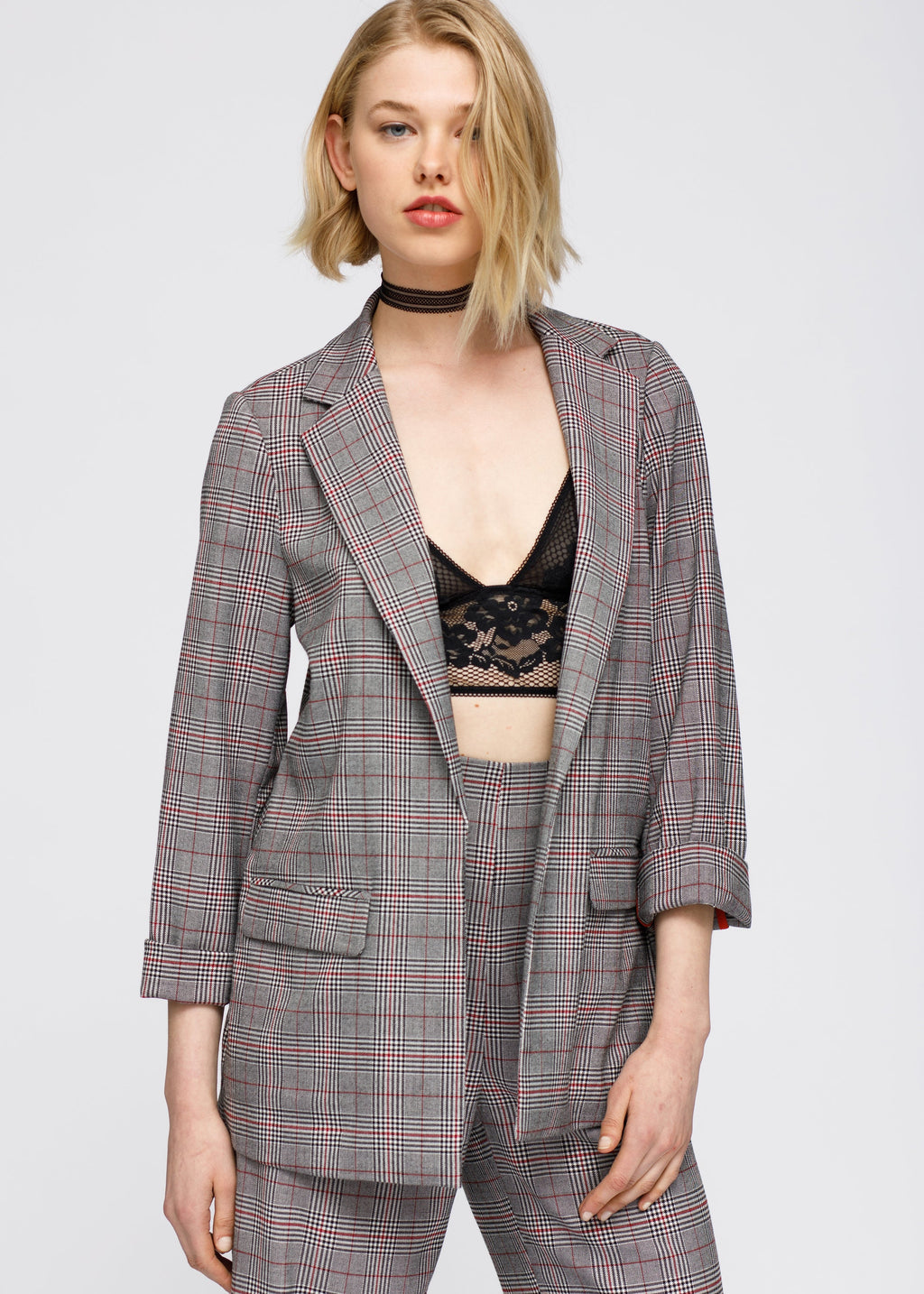 Blazer de cuadros escoceses múltiples Glen para mujer en cuadros grises