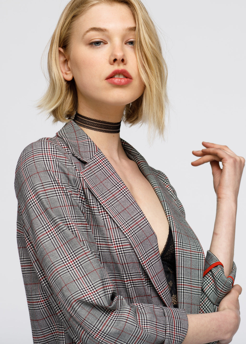 Blazer de cuadros escoceses múltiples Glen para mujer en cuadros grises