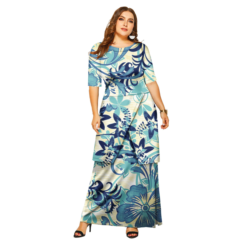 Vestido largo elegante con mangas florales para mujer, estilo hawaiano de las Islas del Pacífico, para playa, Puletasi 