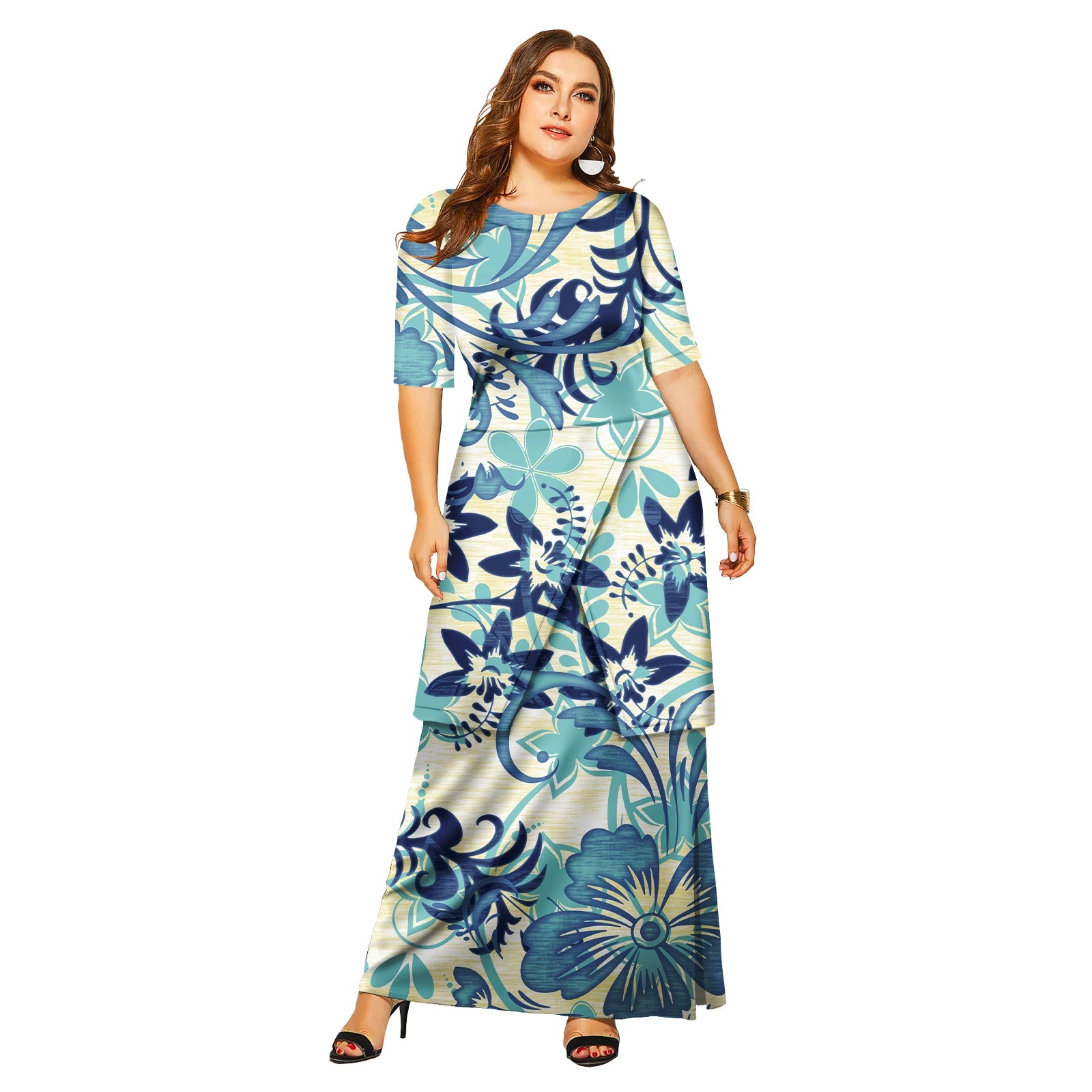 Vestido largo elegante con mangas florales para mujer, estilo hawaiano de las Islas del Pacífico, para playa, Puletasi 