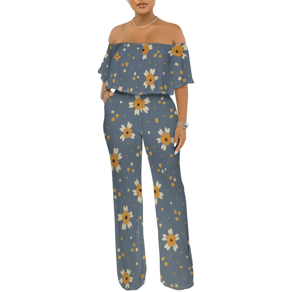 Off Shoulder Tube Top Ruffle Floral Print Jumpsuits for Women Wide Leg Pants Club Party Outfits Jumpsuit with Pockets