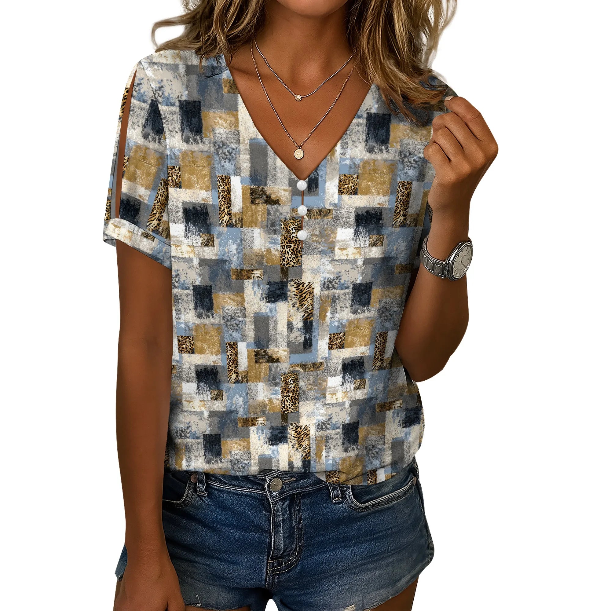 Cold Shoulder Casual Tops for Women Button Boho Floral Printed V-Neck Vintage Short Sleeve Summer T Shirts