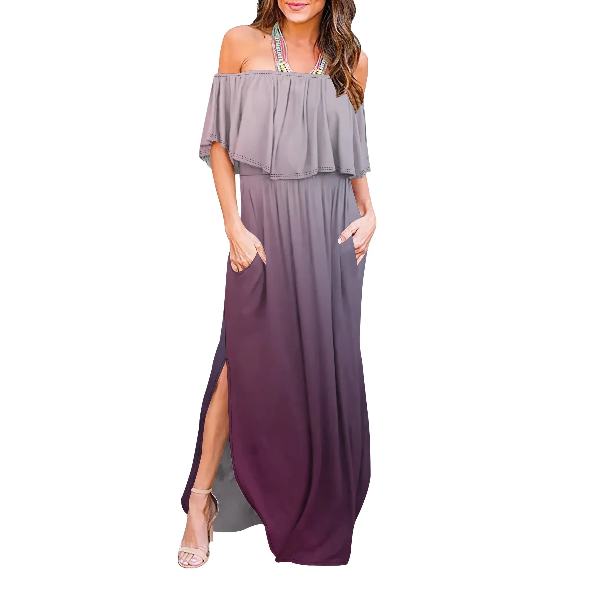 Womens Off The Shoulder Ruffle Party Dresses Side Split Beach Maxi Dress