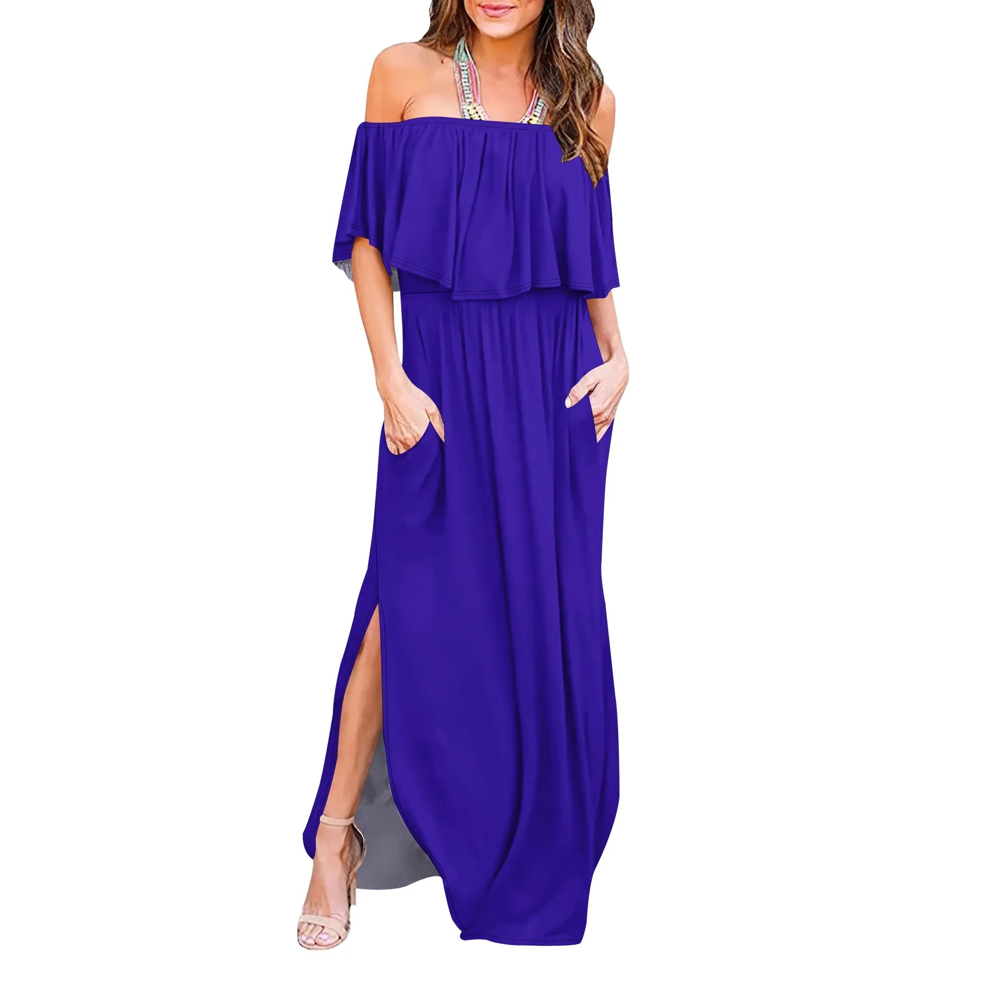 Womens Off The Shoulder Ruffle Party Dresses Side Split Beach Maxi Dress