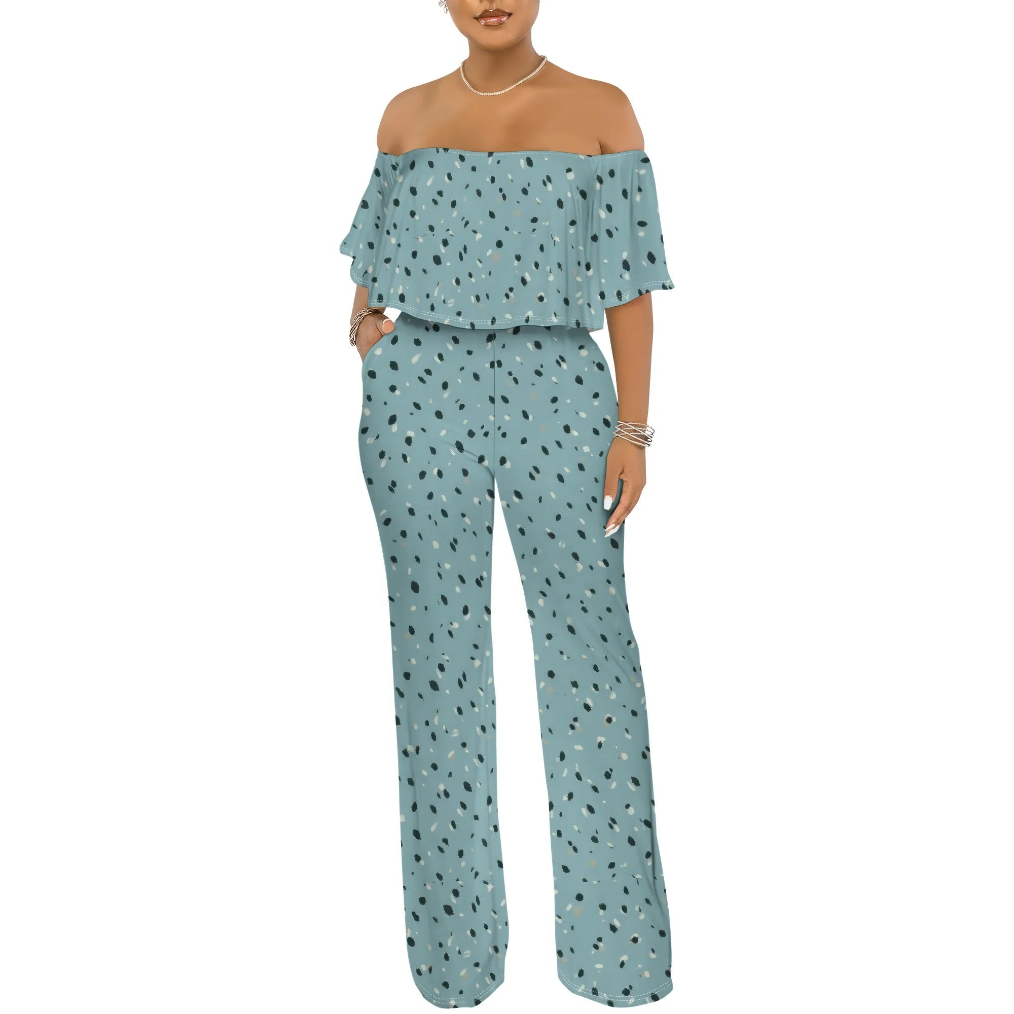 Off Shoulder Tube Top Ruffle Floral Print Jumpsuits for Women Wide Leg Pants Club Party Outfits Jumpsuit with Pockets