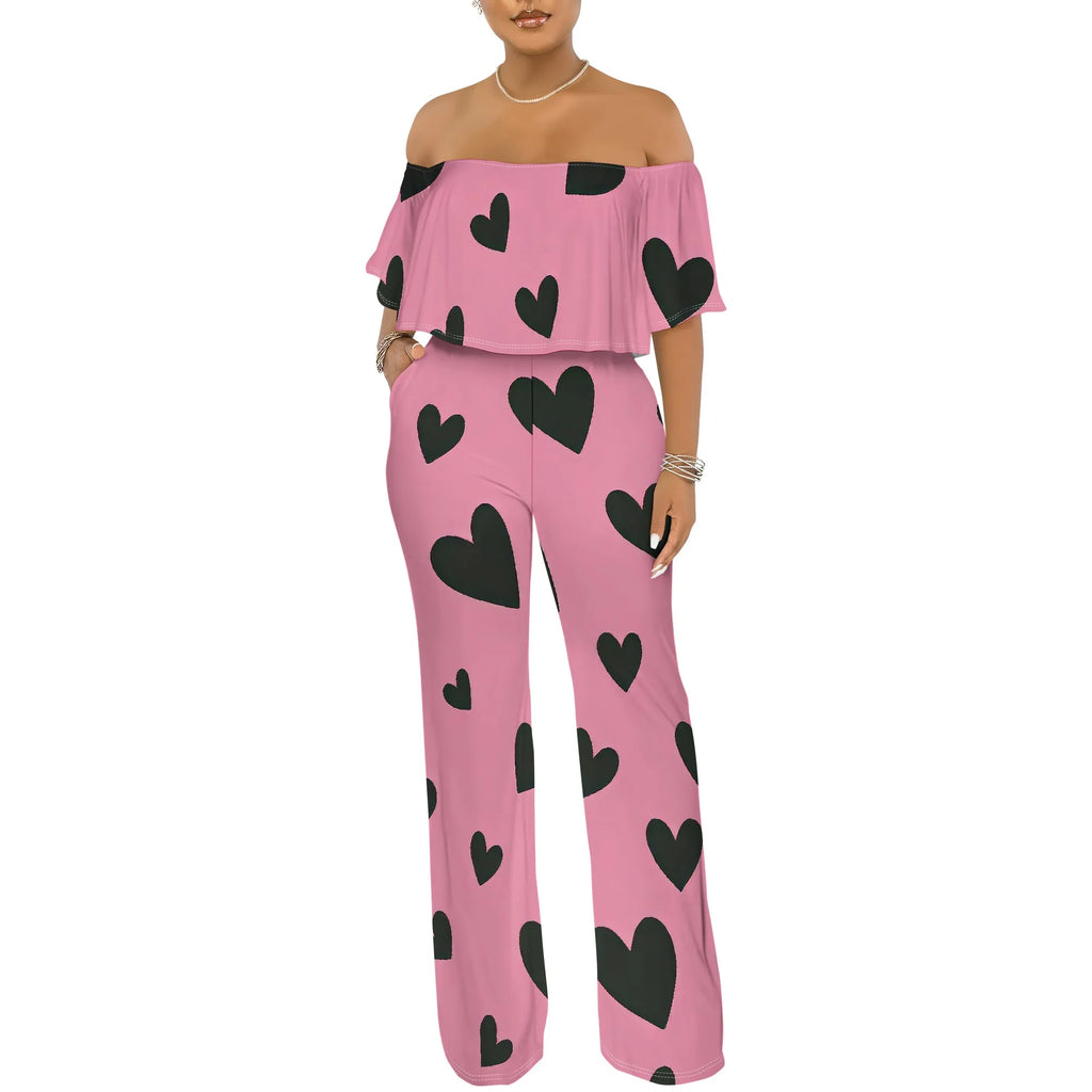 Off Shoulder Tube Top Ruffle Floral Print Jumpsuits for Women Wide Leg Pants Club Party Outfits Jumpsuit with Pockets