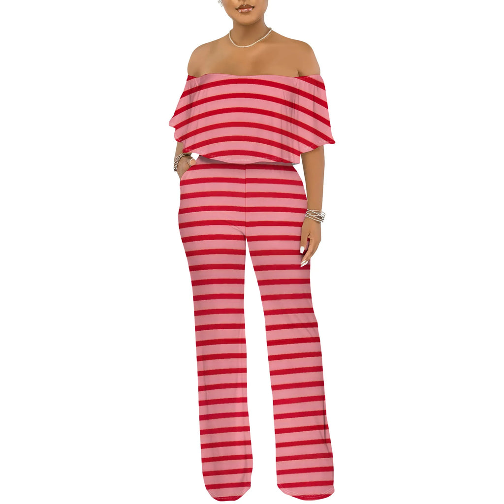 Off Shoulder Tube Top Ruffle Floral Print Jumpsuits for Women Wide Leg Pants Club Party Outfits Jumpsuit with Pockets