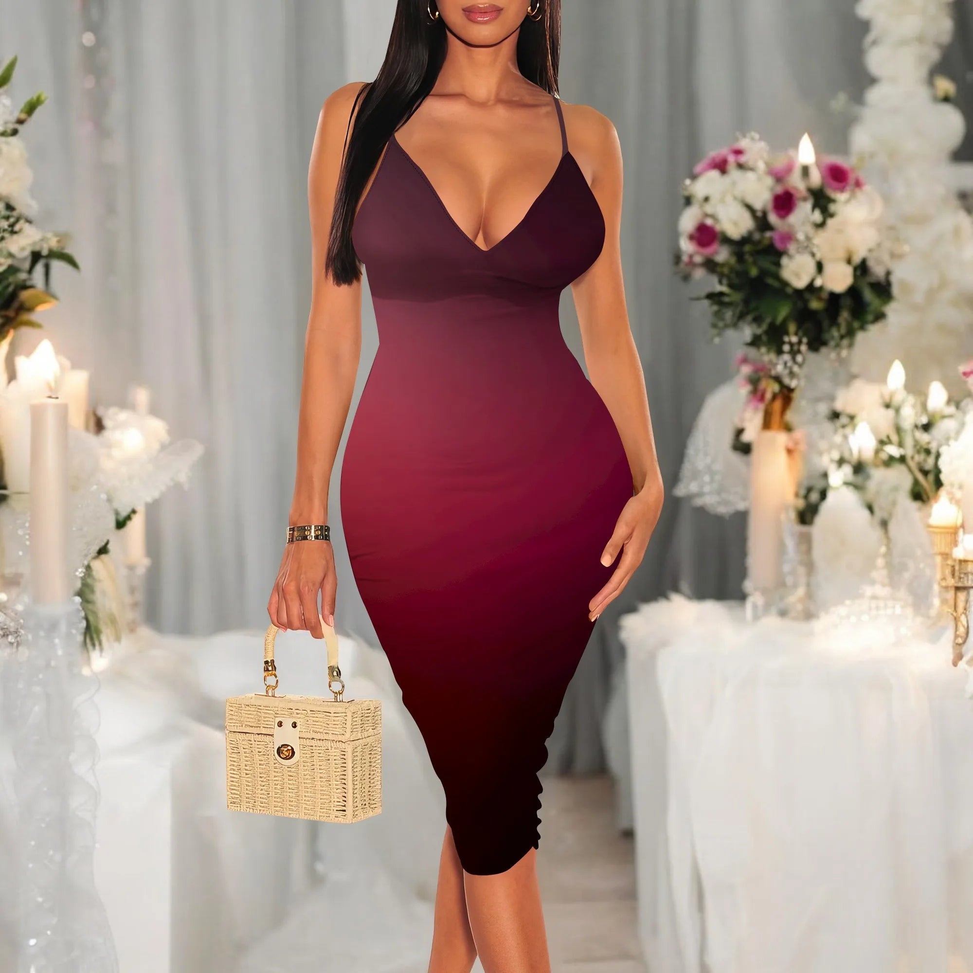 Women's Midi Sexy Bodycon Dress Summer Sundress Sleeveless Spaghetti Strap Stretch Backless Cocktail Party Dresses