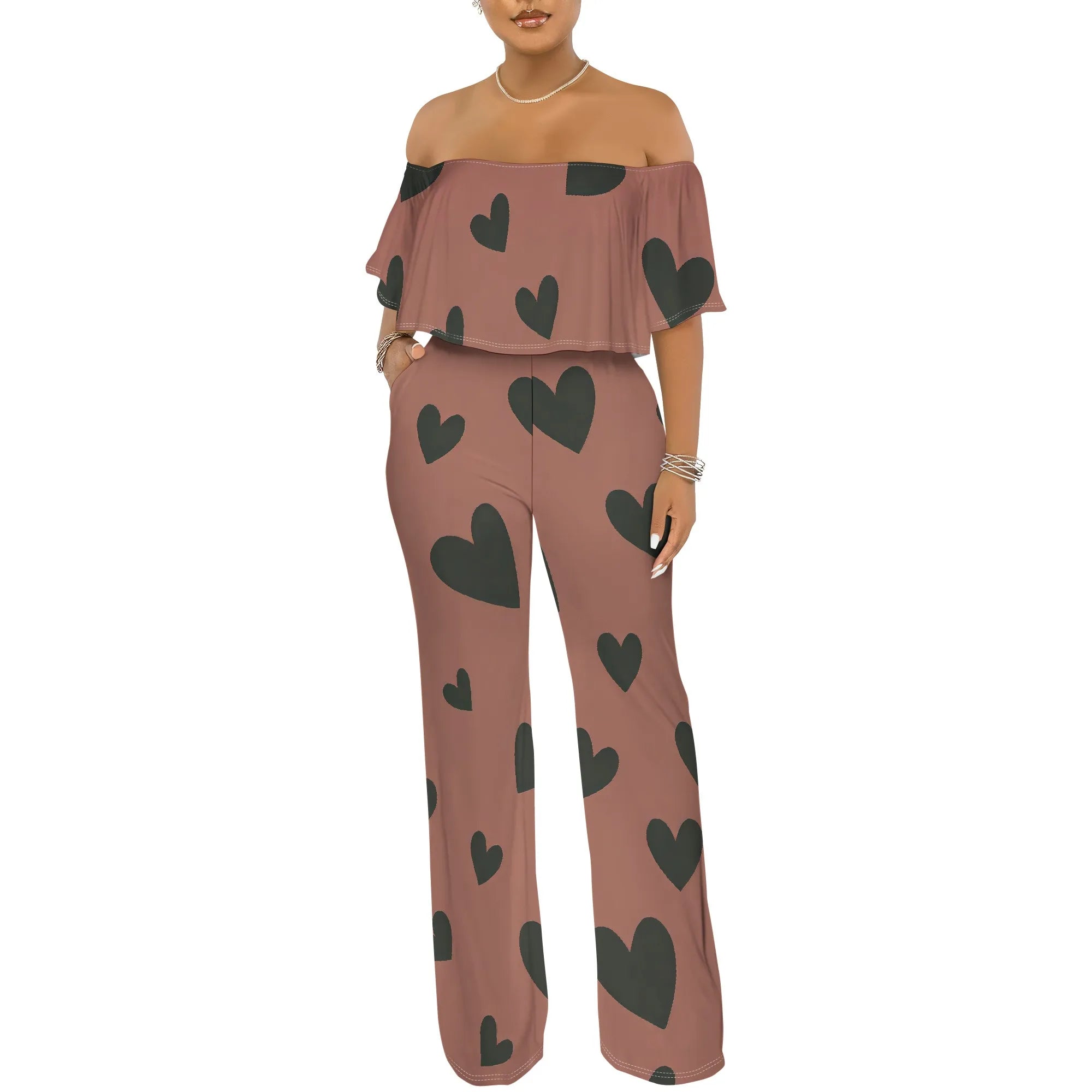 Off Shoulder Tube Top Ruffle Floral Print Jumpsuits for Women Wide Leg Pants Club Party Outfits Jumpsuit with Pockets