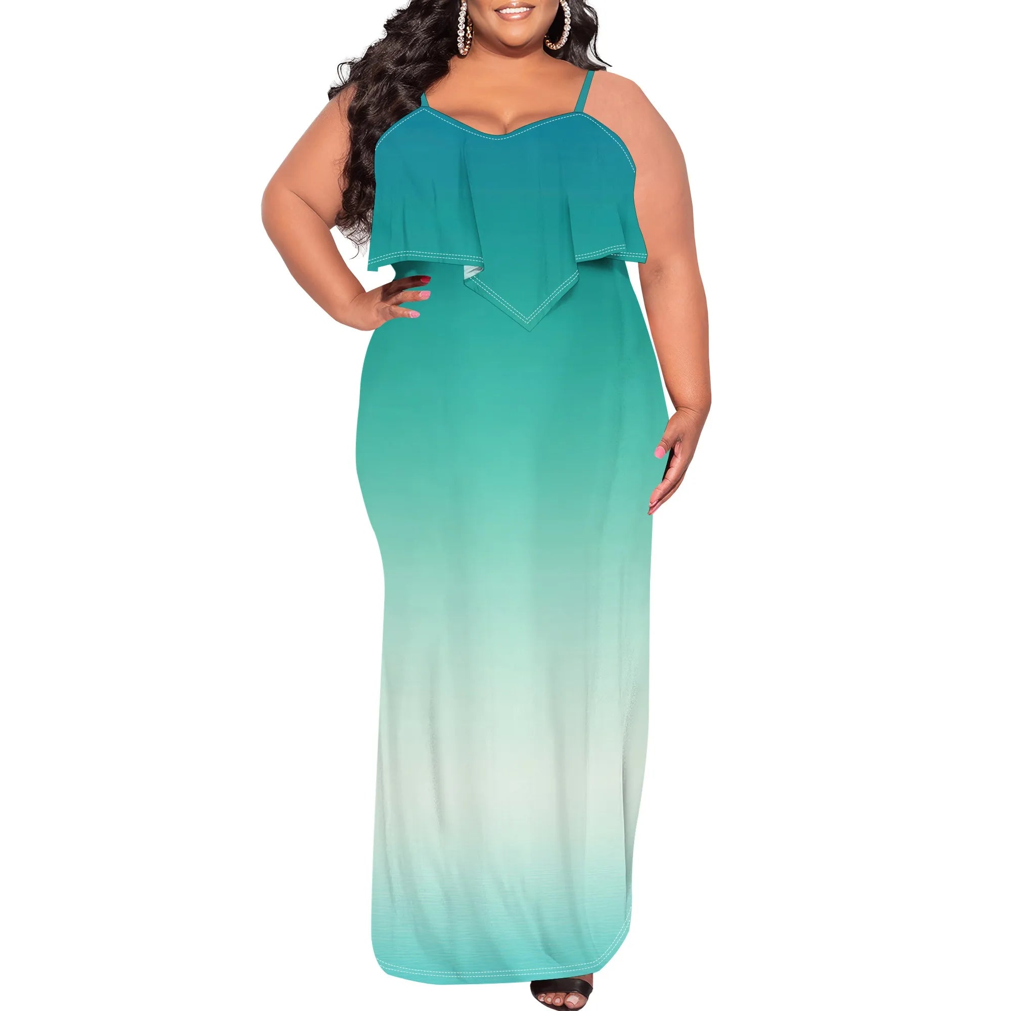 Womens Sexy Plus Size Sleeveless Spaghetti Strap Stripes Printed Ruffles Party Clubwear Dress