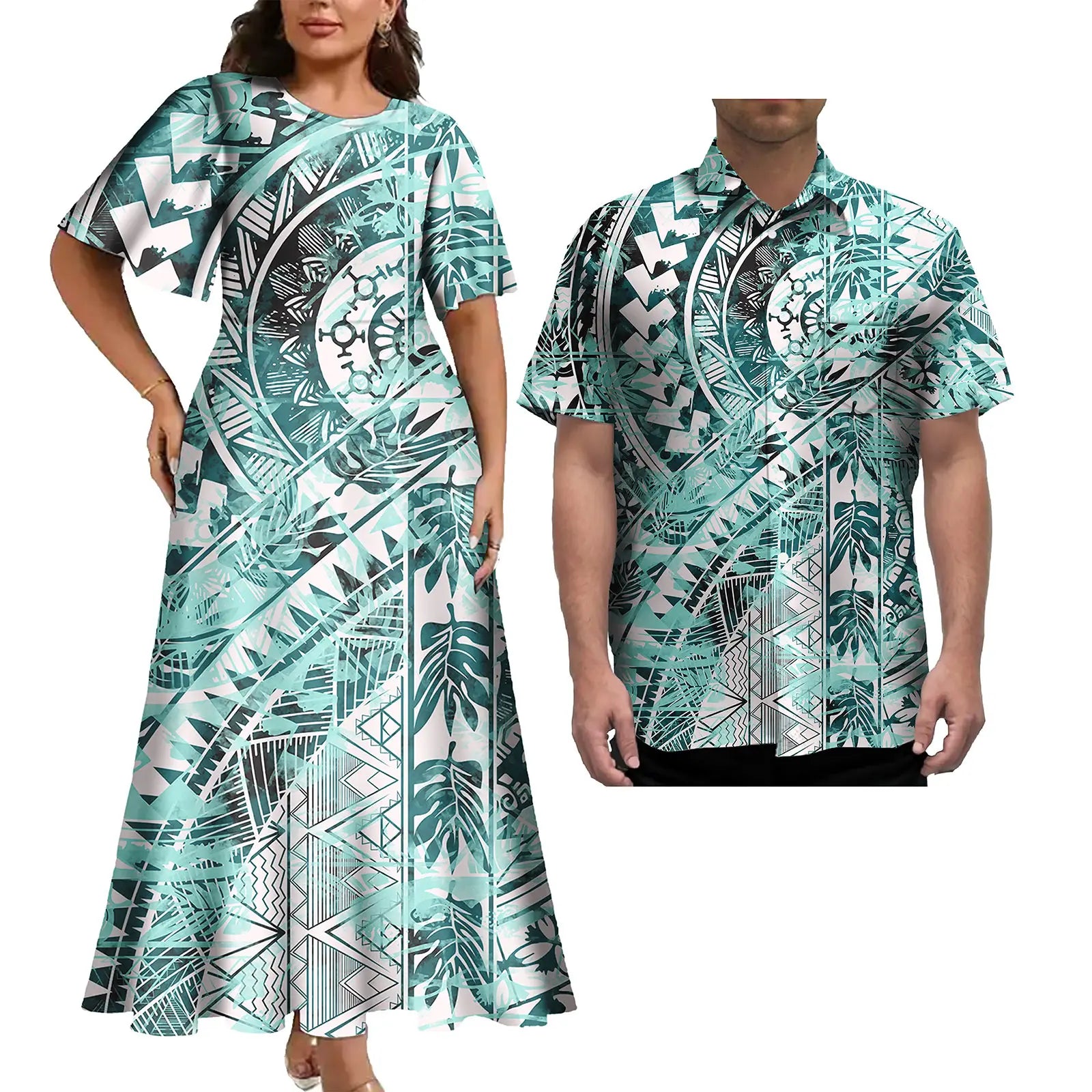 Latest Plus Size Couple Clothing Polynesian Tropical Print Women's Casual Dress Island Style With Matching Men's Hawaiian Shirt