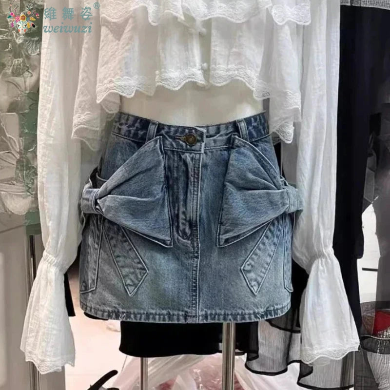 Elegant Women's High Waist Denim Short Skirt Kawaii Bows Sexy Party Mini Jean Skirts Slim Streetwear Y2K Skirt Summer Streetwear