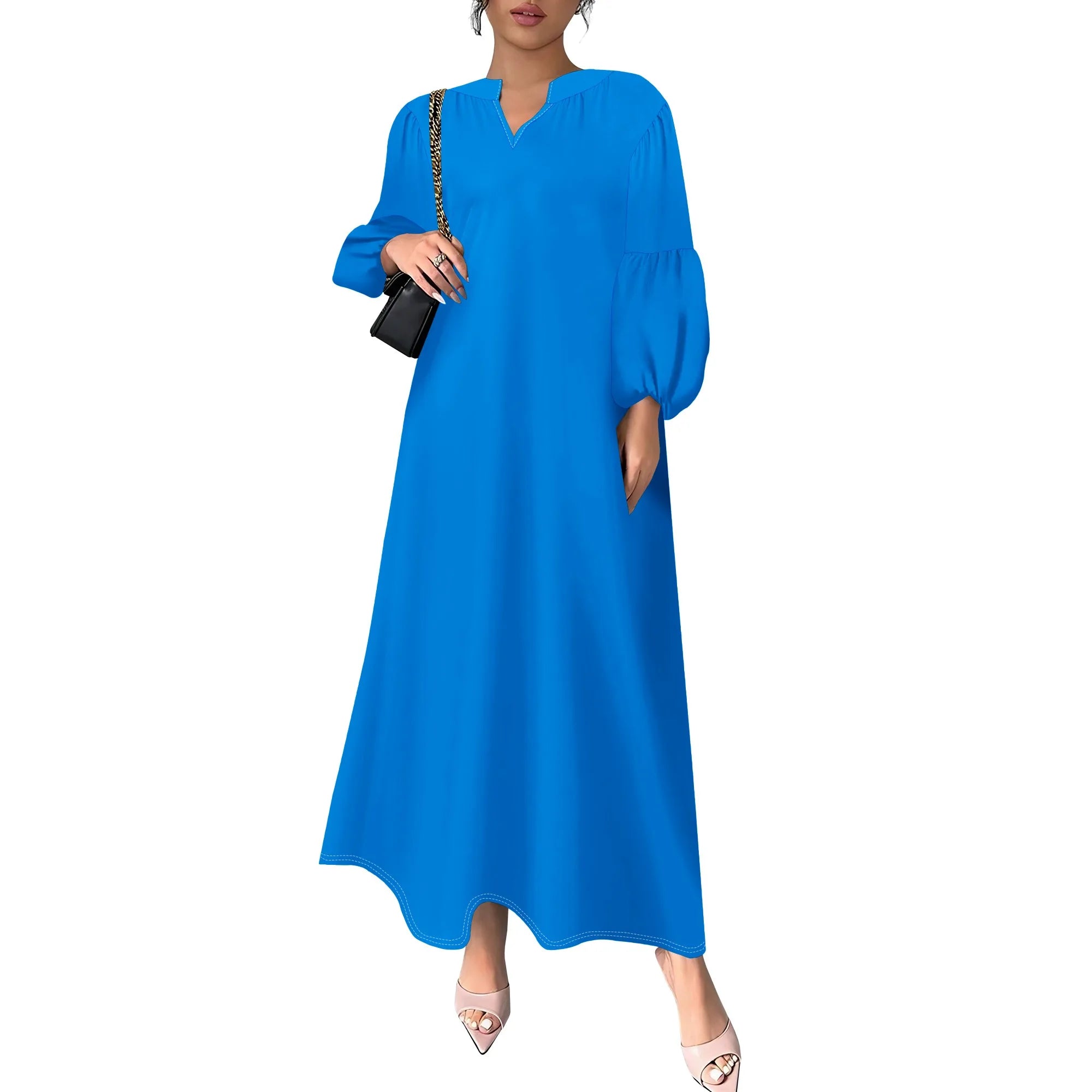 Women's Summer Boho Floral Long Sleeve V-Neck Midi Dress Casual Loose Colorful Beach Vacation Dress with Pockets