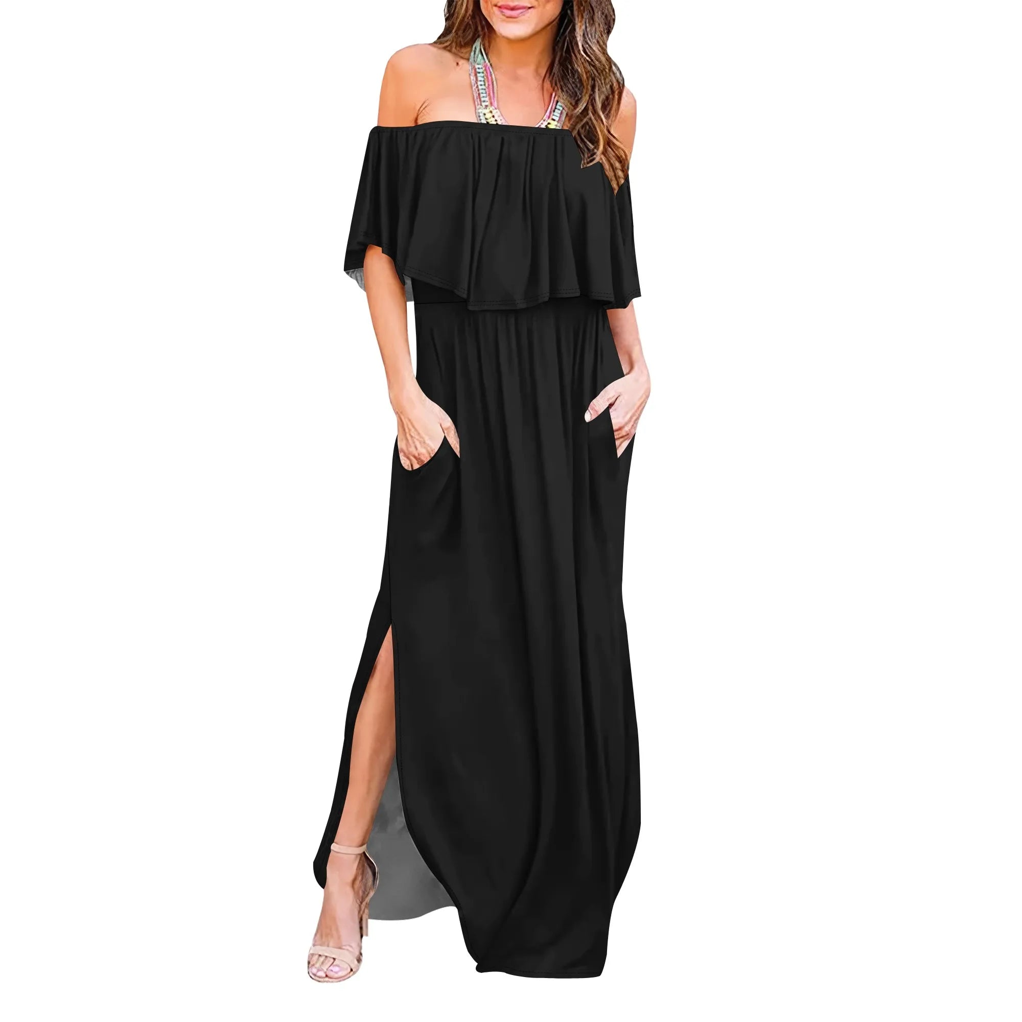 Womens Off The Shoulder Ruffle Party Dresses Side Split Beach Maxi Dress