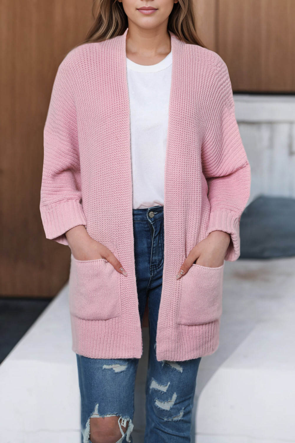 Pink Oversized Fold Over Sleeve Open Front Cardigan.