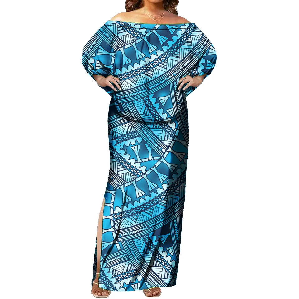 Vestido maxi ajustado con hombros descubiertos, sin mangas, sexy, con diseño tribal de Tapa, estampado floral tropical, moda polinesia. 