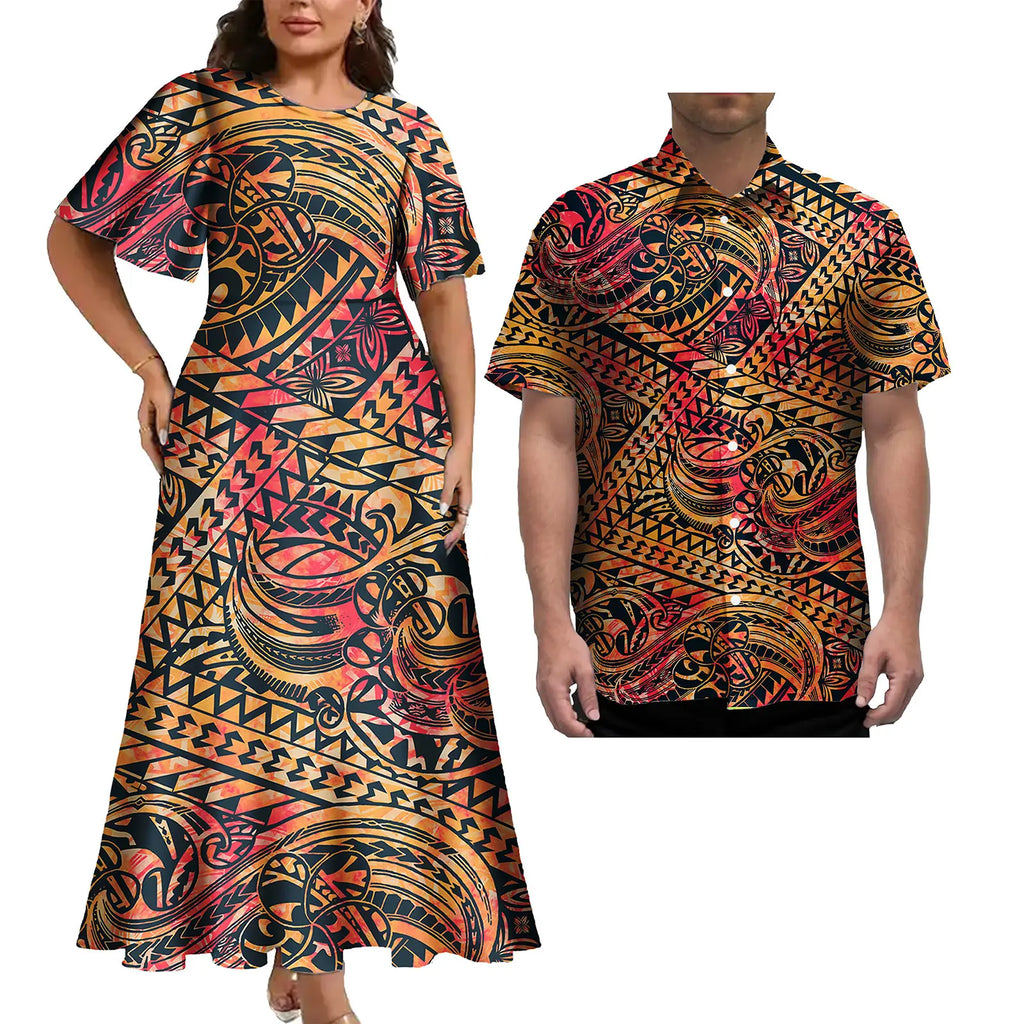 Vestido informal de talla grande para mujer con estampado tropical polinesio, estilo isleño, con camisa hawaiana a juego para hombre. 