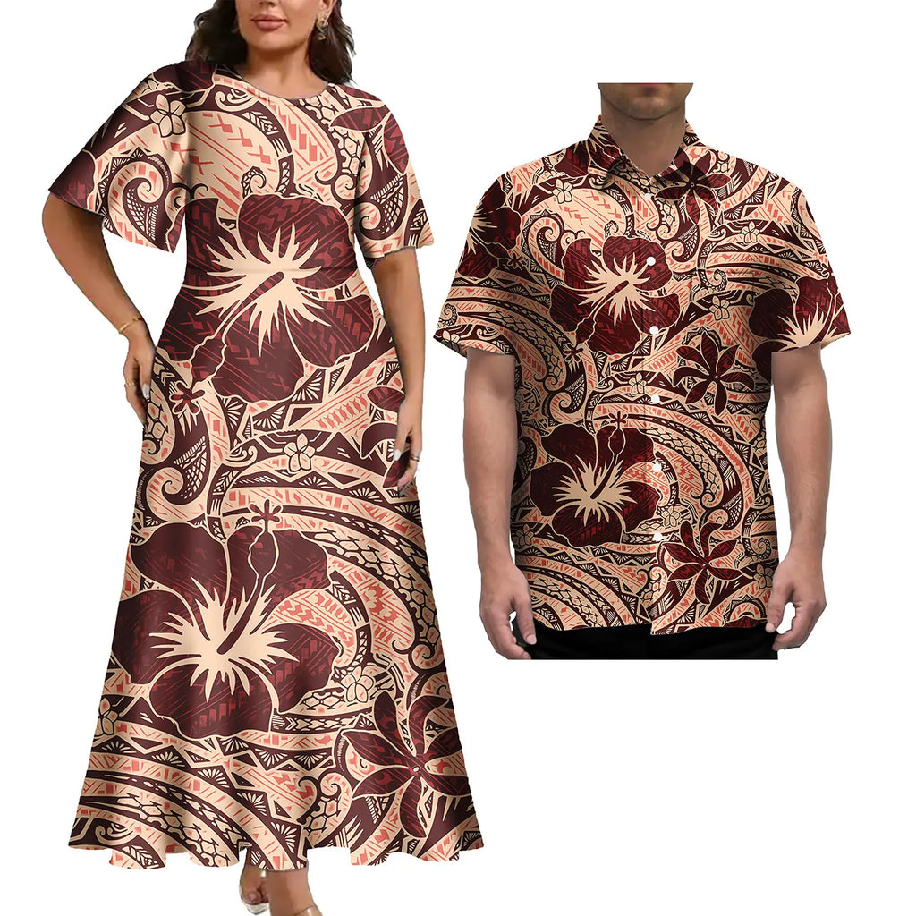 Vestido informal de talla grande para mujer con estampado tropical polinesio, estilo isleño, con camisa hawaiana a juego para hombre. 