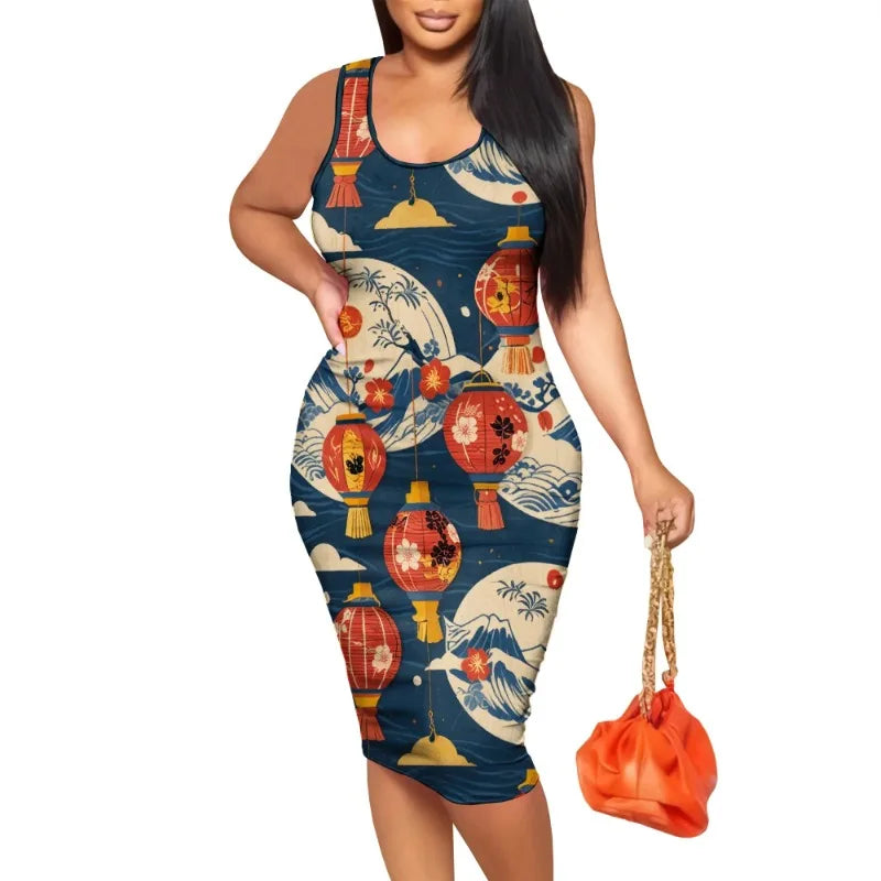 Vestido informal de verano para mujer, sexy, ajustado, con cuello en U, cruzado, sin mangas, midi, para fiesta, club, vestido de tubo con estampado floral 