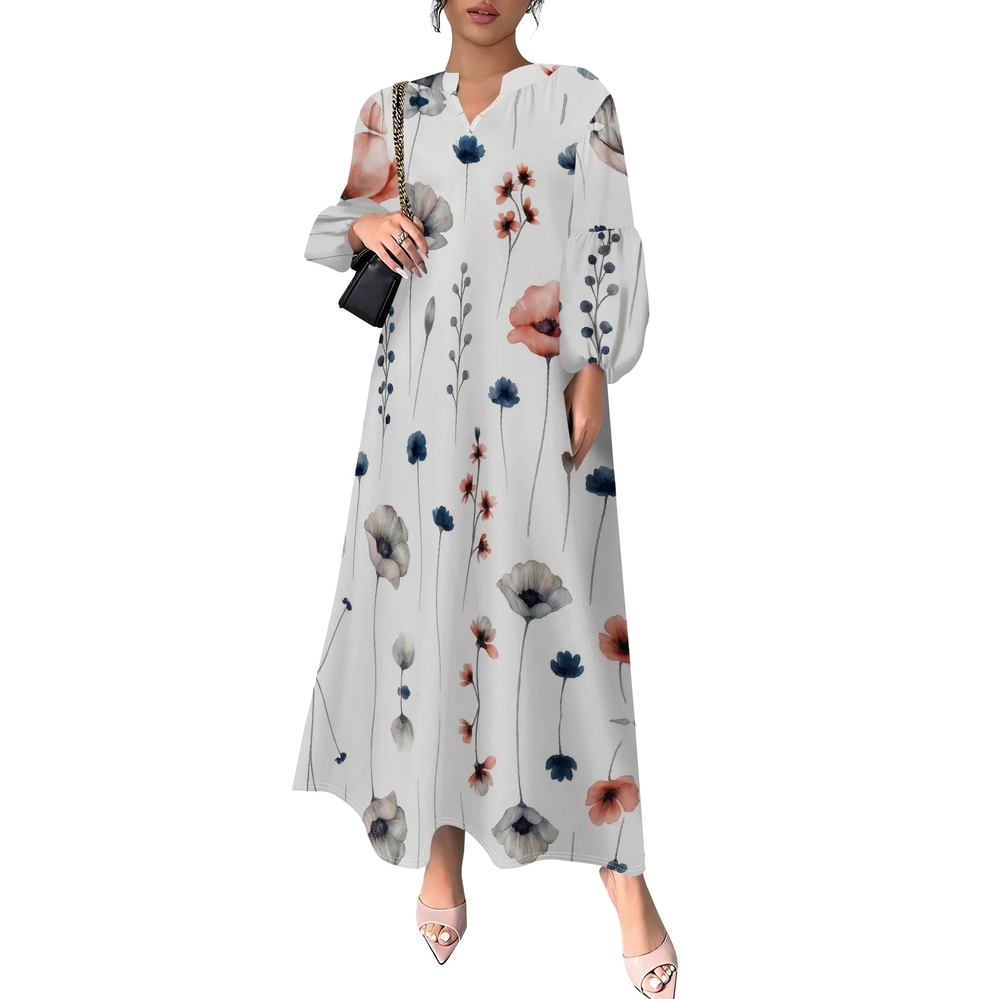 Women's Summer Boho Floral Long Sleeve V-Neck Midi Dress Casual Loose Colorful Beach Vacation Dress with Pockets