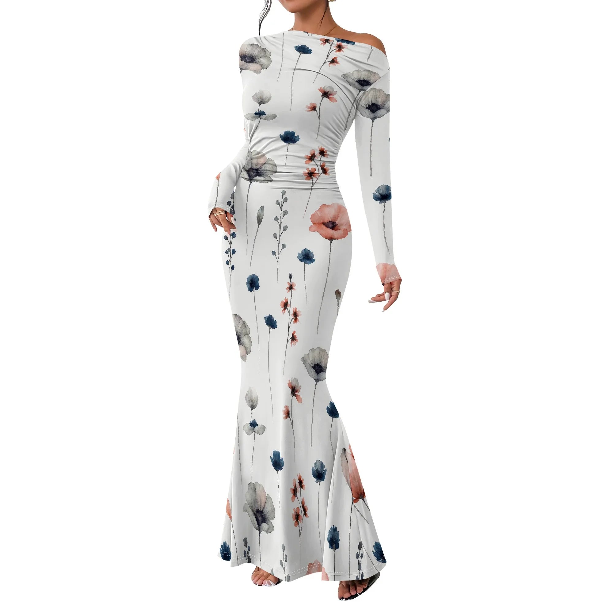 Vestido largo ajustado con cuello redondo y fruncido para mujer, manga larga, corte entallado, elegante, acampanado, para noche, cóctel o fiesta. 