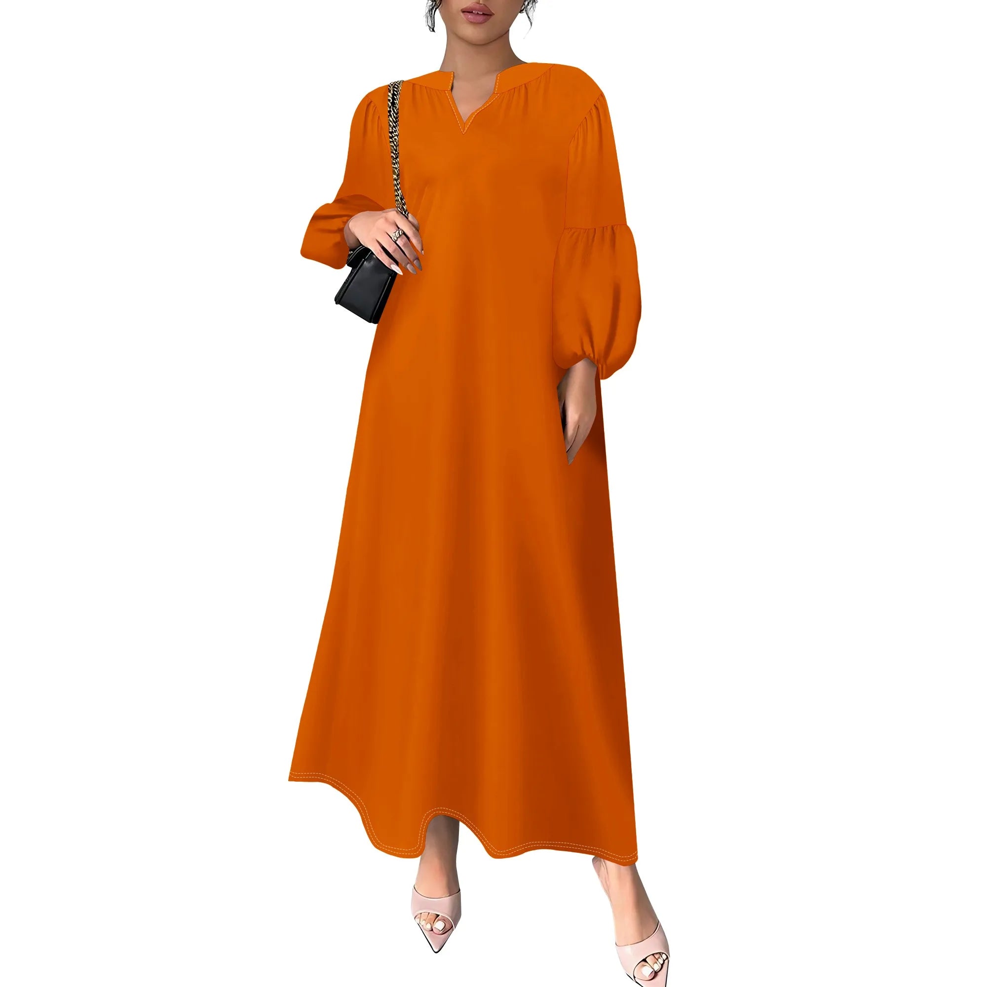 Women's Summer Boho Floral Long Sleeve V-Neck Midi Dress Casual Loose Colorful Beach Vacation Dress with Pockets