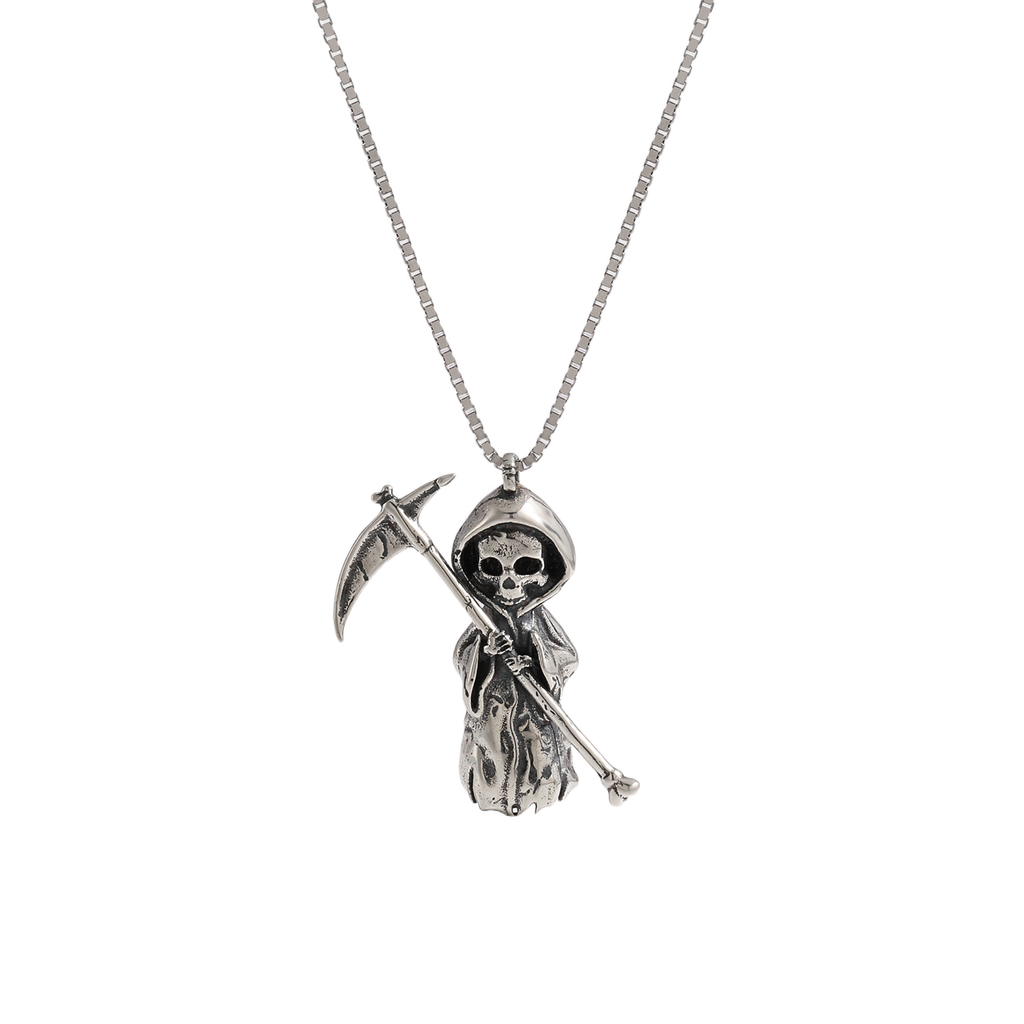 Vintage A Skeleton Holding A Sickle 925 Sterling Silver Necklace