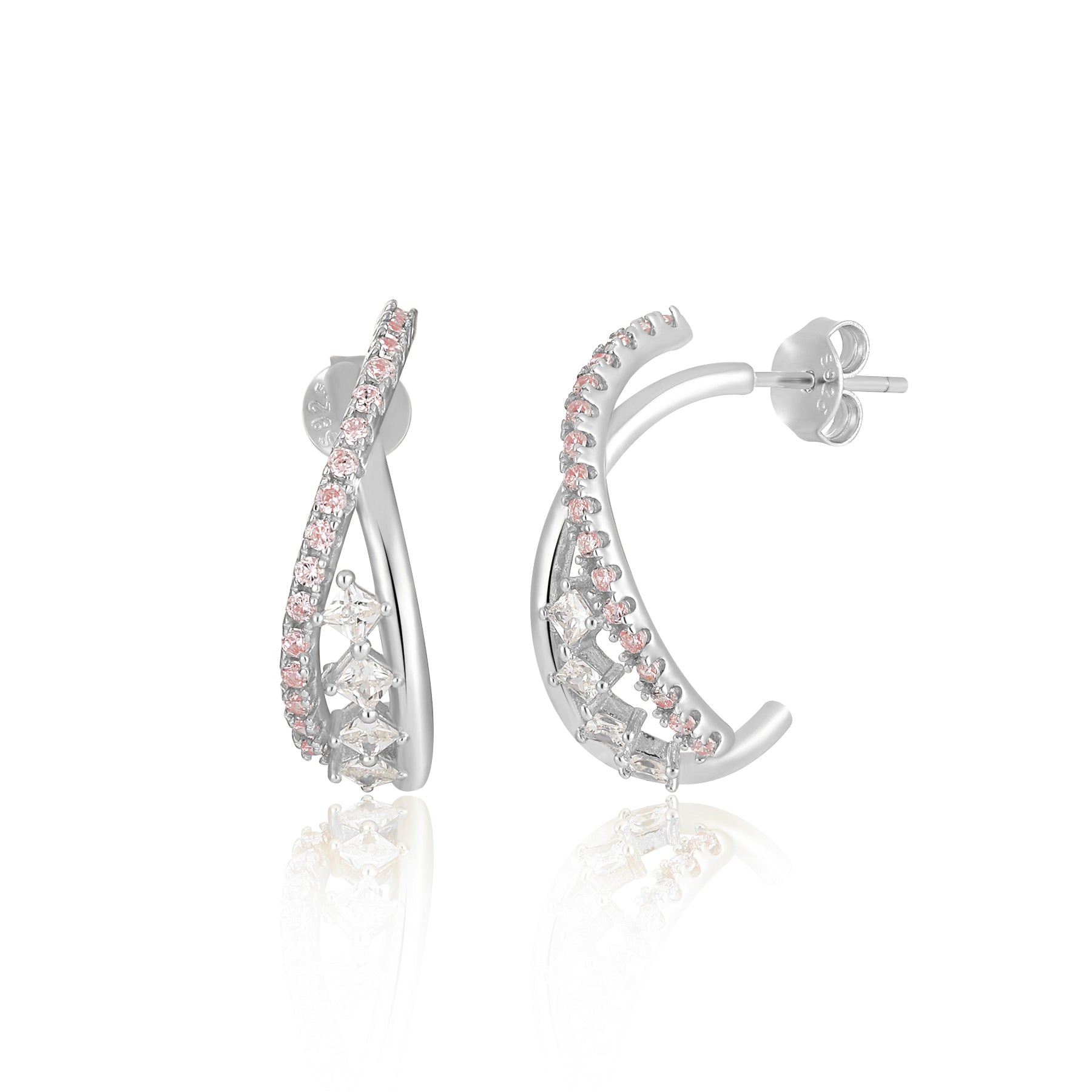 Fashion Rhombus Round CZ Irregular Cross 925 Sterling Silver Hoop Earrings