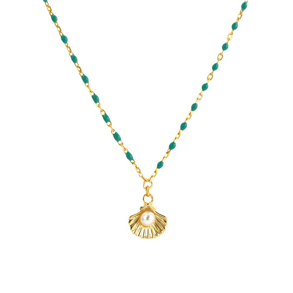 Holiday Gift Round Natural Pearl Shell Green Epoxy Chain 925 Sterling Silver Necklace