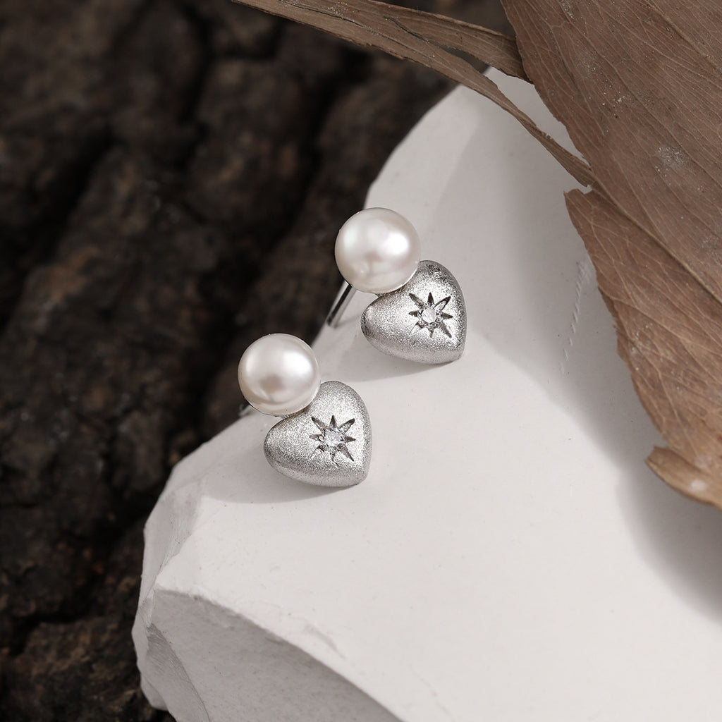 Bridesmaid Shell Pearls Star Heart 925 Sterling Silver Stud Earrings