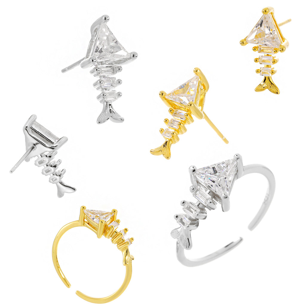 Fashion Irregular CZ Fishbone 925 Sterling Silver Adjustable Ring Stud Earrings