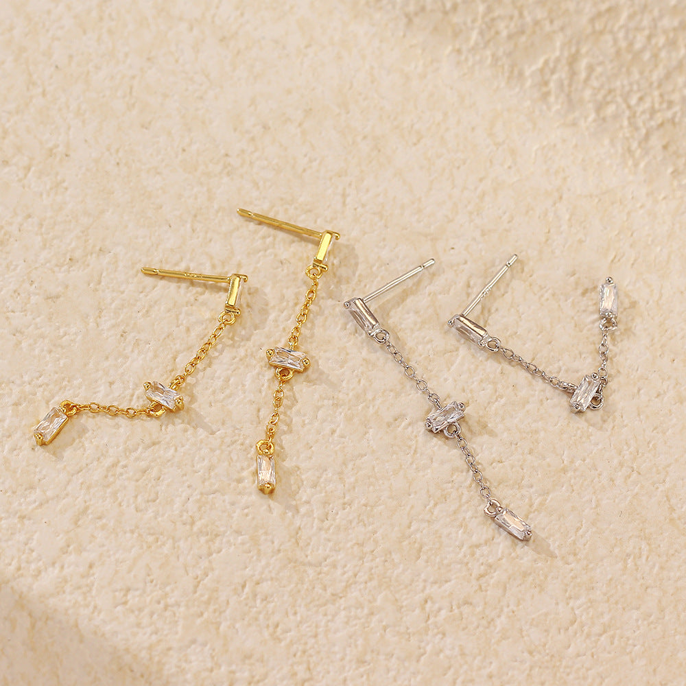 Lady Elegant Baguette CZ Tassels 925 Sterling Silver Dangling Earrings