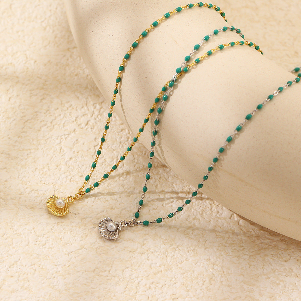 Holiday Gift Round Natural Pearl Shell Green Epoxy Chain 925 Sterling Silver Necklace