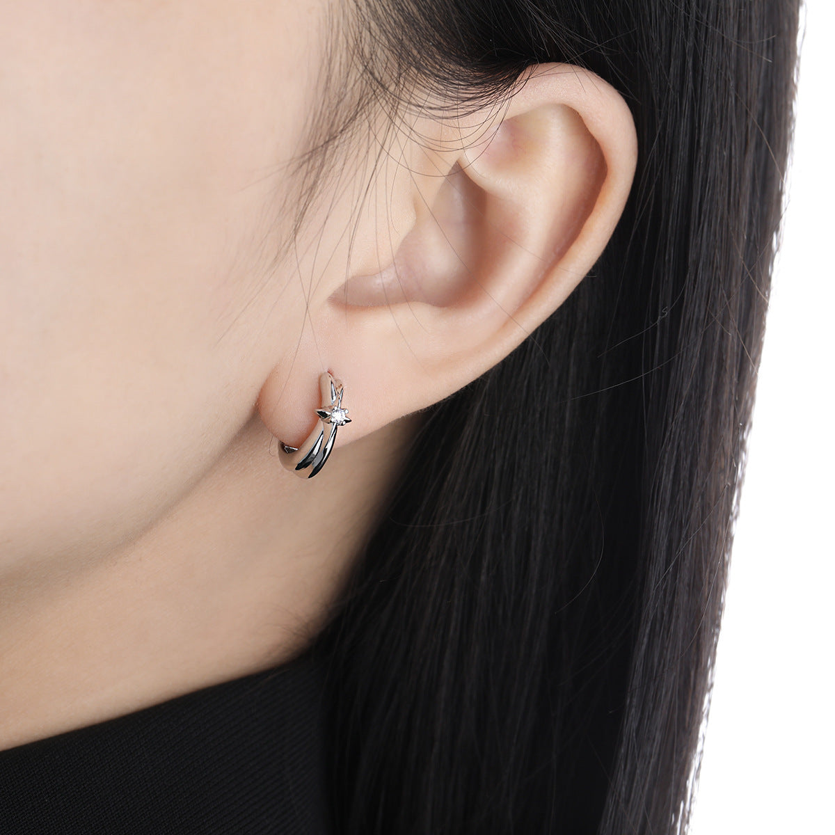Graduation Simple CZ Shining Star 925 Sterling Silver Hoop Earrings