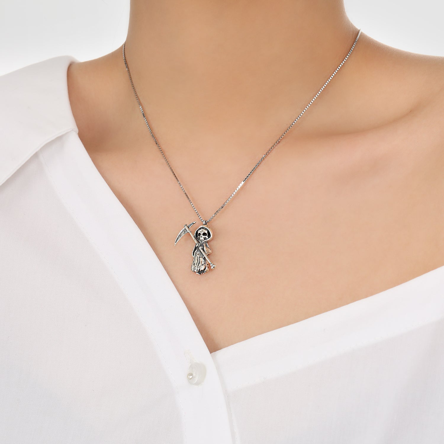 Vintage A Skeleton Holding A Sickle 925 Sterling Silver Necklace