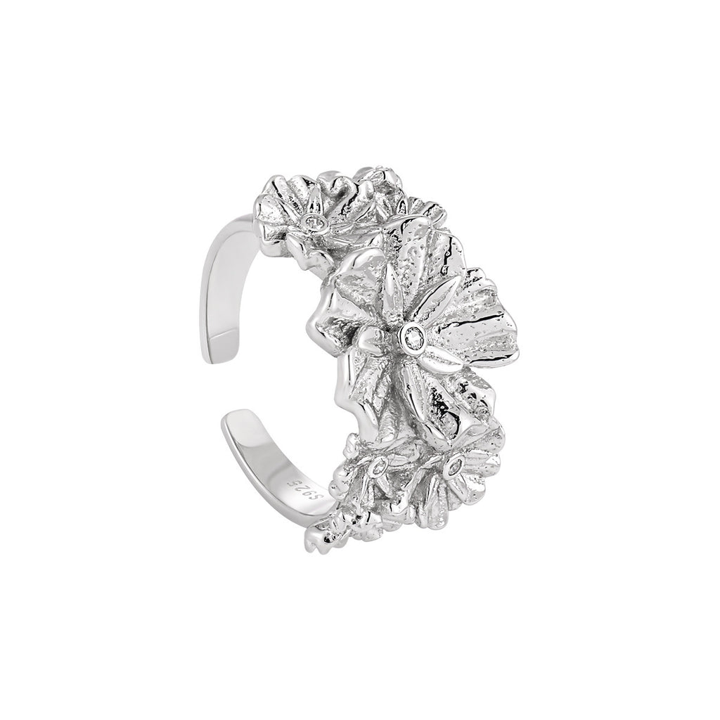 Women Beautiful CZ Flowers 925 Sterling Silver Adjustable Ring