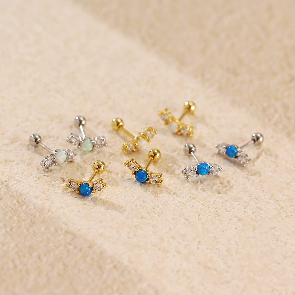 Office Simple Round Natural Opal 925 Sterling Silver CZ Stud Earrings