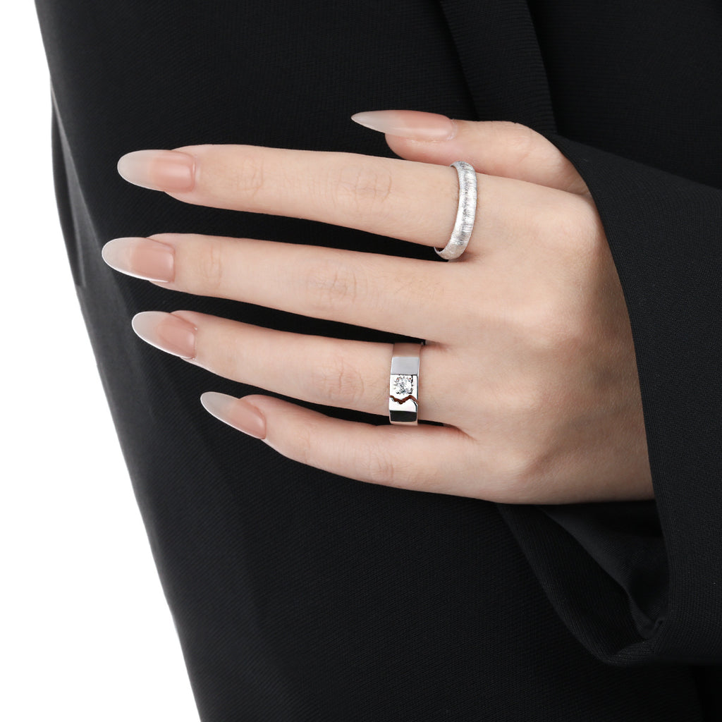 Men's Irregular Borken Pattern CZ 925 Sterling Silver Adjustable Ring