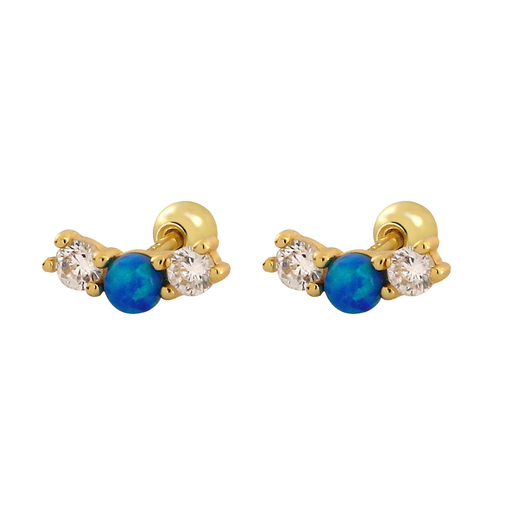 Office Simple Round Natural Opal 925 Sterling Silver CZ Stud Earrings