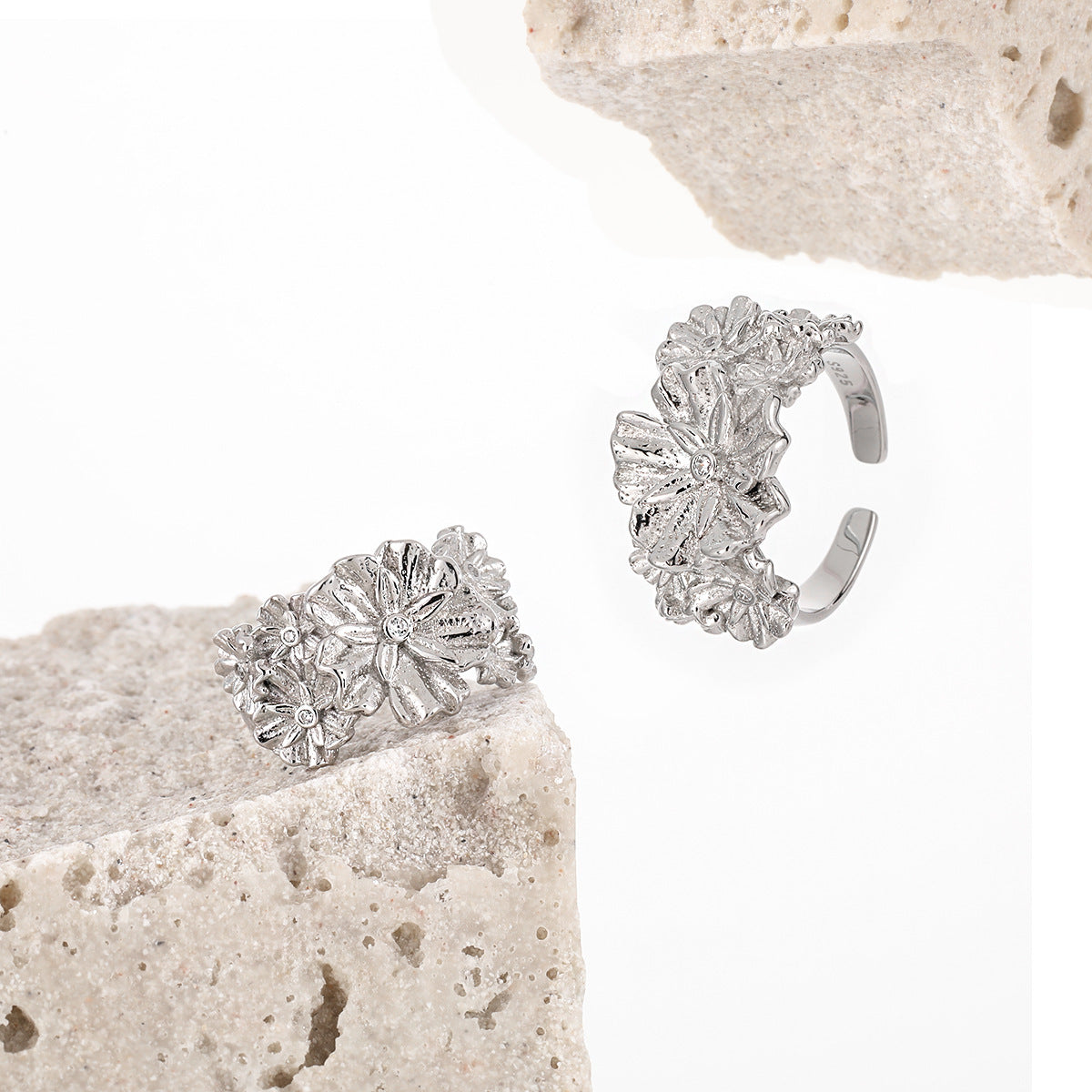 Women Beautiful CZ Flowers 925 Sterling Silver Adjustable Ring