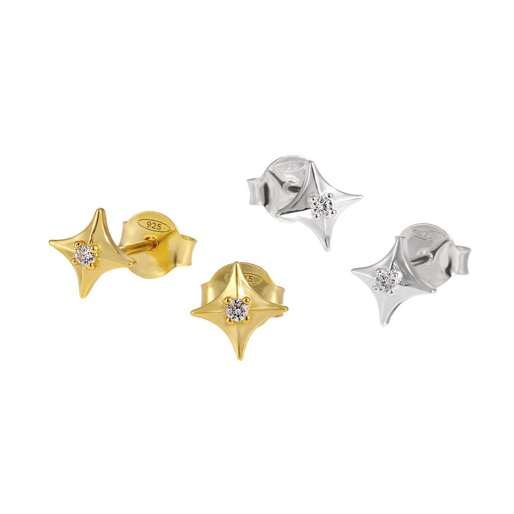 Office Shining CZ Four Pointed Star 925 Sterling Silver Stud Earrings