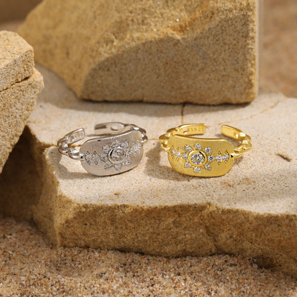 Beautiful CZ Sunflowers 925 Sterling Silver Adjustable Ring