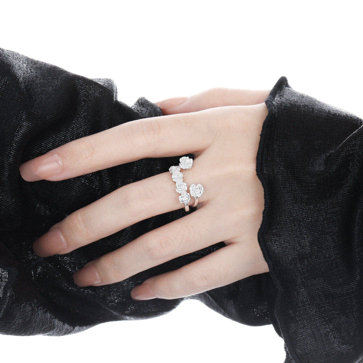 Women Beautiful Rose Flowers 925 Sterling Silver Adjustable Ring
