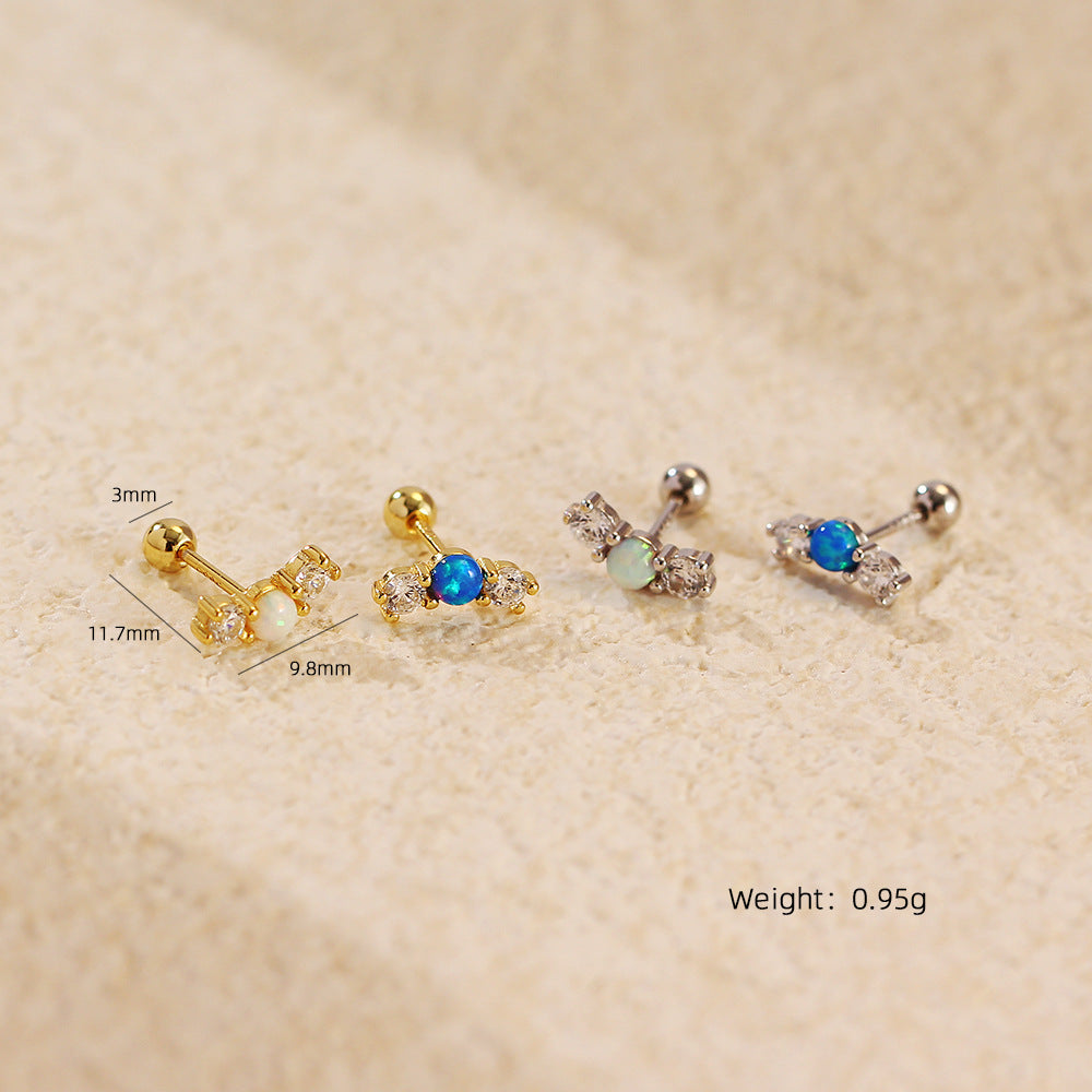Office Simple Round Natural Opal 925 Sterling Silver CZ Stud Earrings