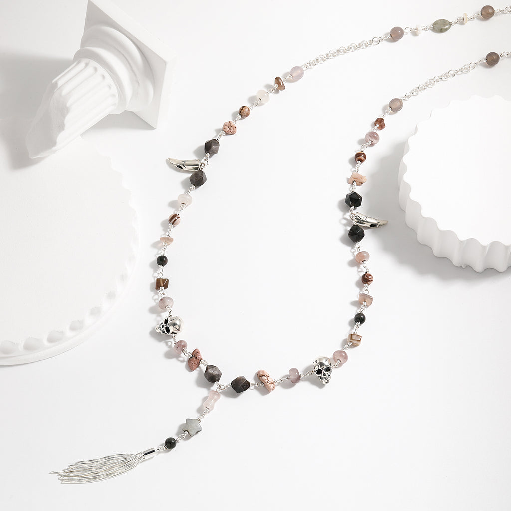 Statement Metal Jewelry Edgy 925 Pure Silver Fashion Skull Head Irregular Stone Tassels Waist Chain Metal
