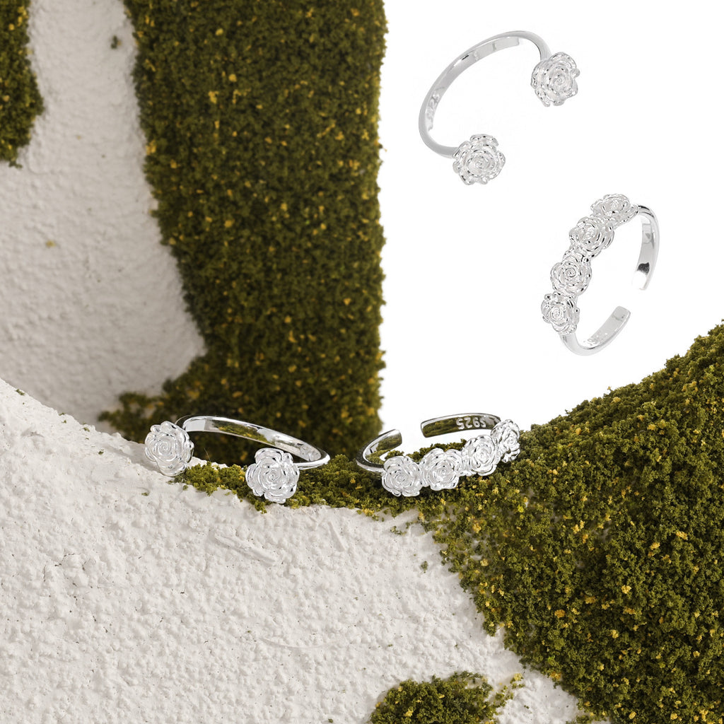 Women Beautiful Rose Flowers 925 Sterling Silver Adjustable Ring