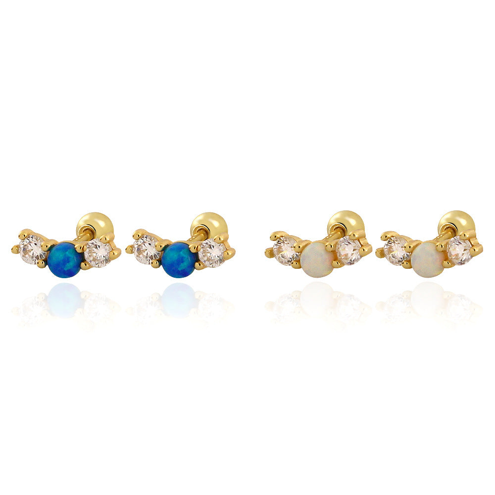 Office Simple Round Natural Opal 925 Sterling Silver CZ Stud Earrings